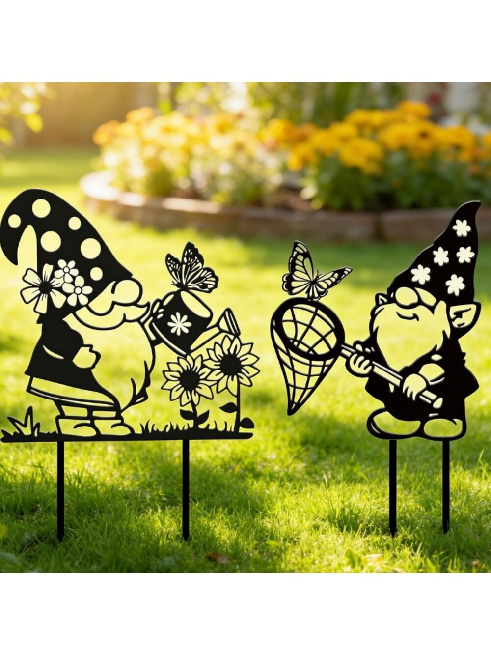 2PCS Gnome Metal Garden Stakes - Cute Outdoor Decor for Yard, Patio & Lawn Art